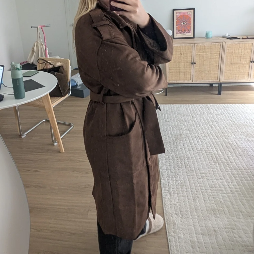 Faux Suede Oversize Brown Trench Coat Innovare Denim - Picture 5 of 5
